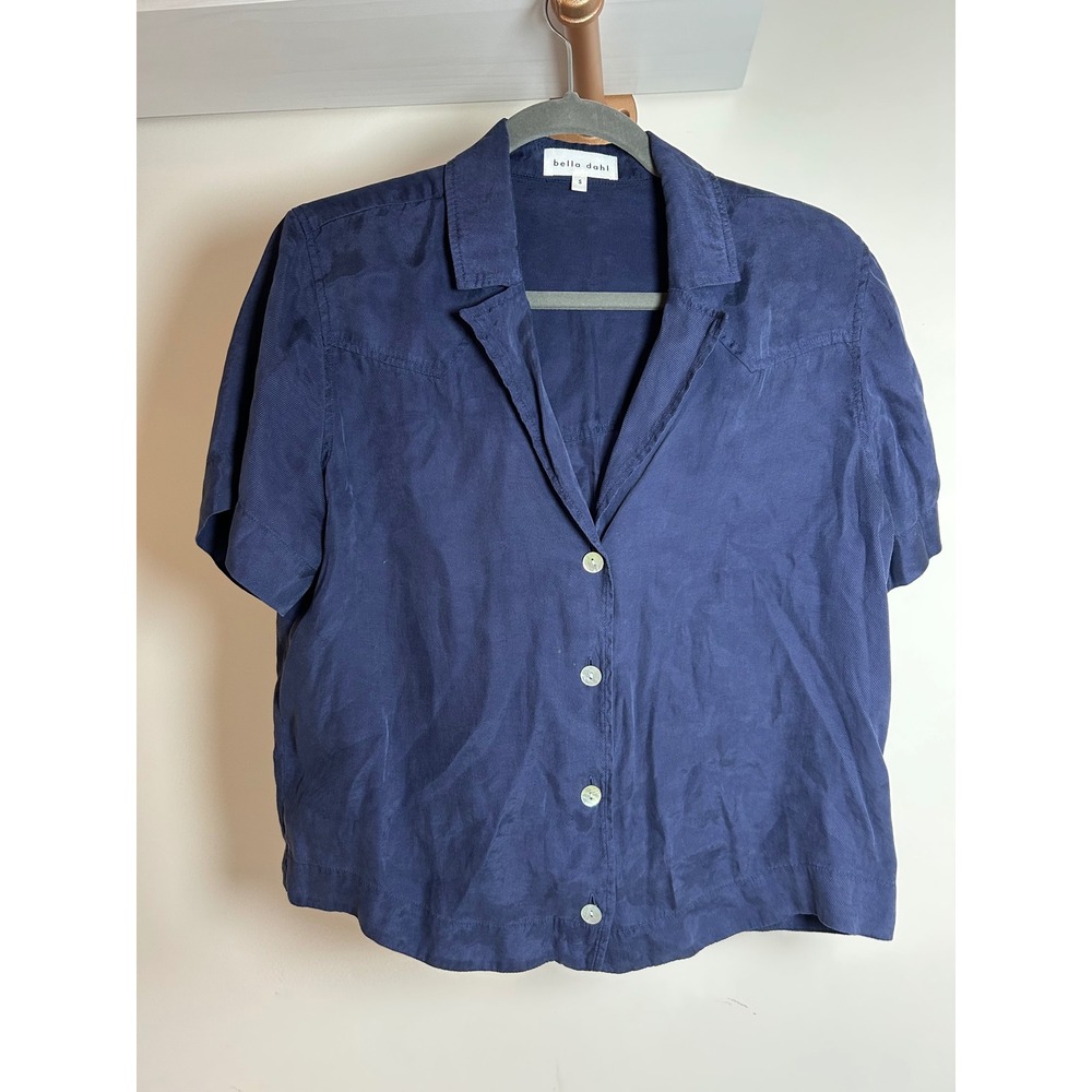Bella Dahl Navy Blue Button Front Short Sleeve Shirt Women Size‎ S